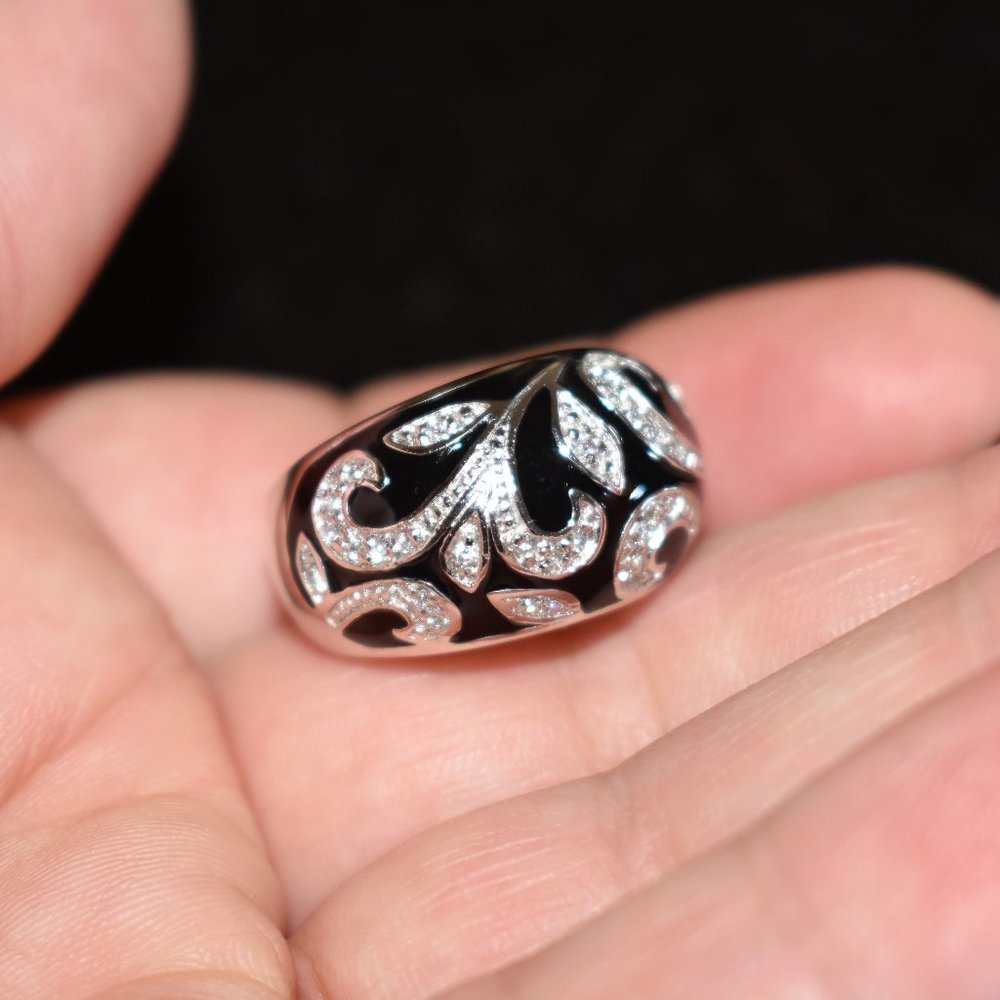 Sterling Silver CZ Black Enamel Inlay Ring Sz 6.5